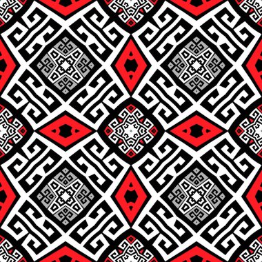 Kabile siyahi, beyaz, zarif, Yunan tarzı, kusursuz bir model. Süslü geometrik etnik arka plan. Renkli soyut dekoratif fon. Geometrik modern süslemeli Yunan anahtar yol yordam süsü