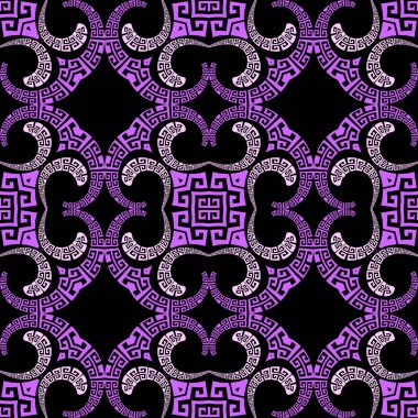 Güzel mor çiçek desenli Paisley vektör kusursuz desen. Zarif, gösterişli, Yunan etnik tarzı bir geçmişi var. Dekoratif arkaplanı tekrarla. Klasik Paisley çiçekleri, yapraklar, şekiller, Yunan anahtarlı asma kat süsü.