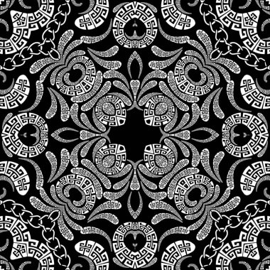 Paisley vektör kusursuz desen. Süslü desenli etnik Yunan tarzı arka plan. Klasik desenli çiçekler, geometrik şekiller, zincirler. Yunan anahtarı kabile siyah ve beyaz dantel süslemeleri