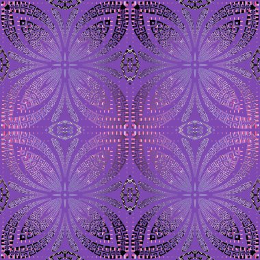 Modern desenli grunge çiçekli, dikişsiz desen. Mor süs eşyalarının olduğu bir arka plan. Yunan tarzı sert arka plan tekrarı. Yarı tonda noktalı süsler Yunanca anahtar noktalar, kareler, çiçekler