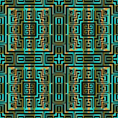 Geometrik süslemeli Yunanca vektör dikişsiz desen. Modern soyut desenli, tatminkar bir arka plan. Dekoratif geometrik şekiller arka plan. Yunan anahtarlıları labirent labirentleriyle süslenmiş