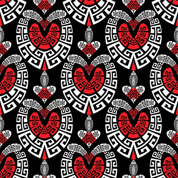 마음을 사랑합니다. 그리스의 섬유없는 무늬를 사랑하죠. 현대 흑백의 붉은 인종 스타일은 배경을 본뜬 것이다. 로맨틱 한 배경을 반복하 세요. 파이 즐리 꽃, 모양, 그리스식 도롱뇽으로 이루어진 부족의 기하학적 설계 — 스톡 벡터