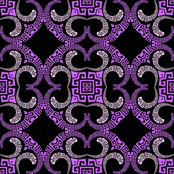 Mooi violet bloemen Paisley vector naadloos patroon. Elegantie decoratieve Griekse etnische stijl achtergrond. Herhaal de sierlijke achtergrond. Vintage Paisley bloemen, bladeren, vormen, griekse sleutel meander ornament — Stockvector