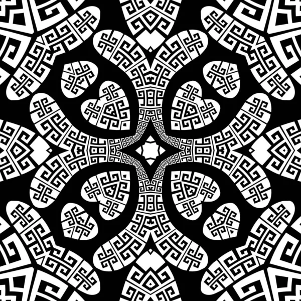Griekse stijl Paisley vector naadloos patroon. Sierlijke patroon liefde harten achtergrond. Vintage abstracte paisley bloemen, bladeren, geometrische vormen. Griekse sleutel meanders zwart wit bloemen ornament — Stockvector