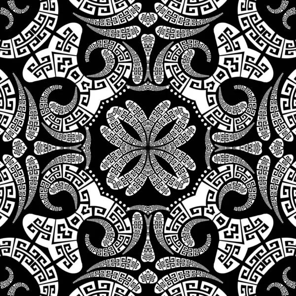 Griekse vector Paisley naadloos patroon. Decoratieve etnische achtergrond. Vintage abstracte paisley bloemen, stippen, geometrische vormen. Griekse sleutel meanders zwart en wit bloemen kant ornamenten — Stockvector