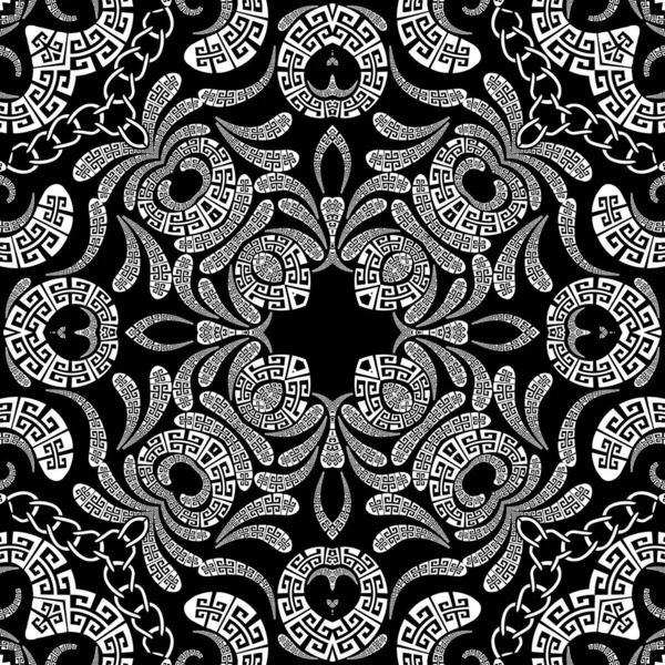 Paisley Vektor nahtloses Muster. ornamental gemusterten ethnischen Stil griechischen Hintergrund. Paisley-Blüten, geometrische Formen, Ketten. griechischer Schlüssel schlängelt sich durch schwarz-weiße florale Spitzenornamente — Stockvektor