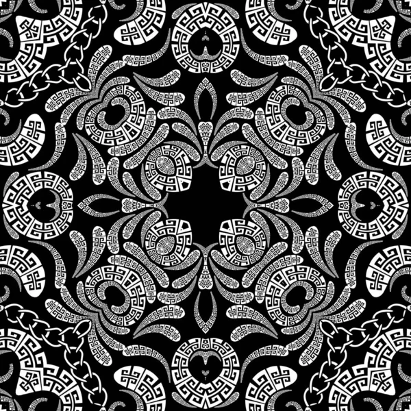 Paisley vector naadloos patroon. Decoratieve patroon etnische stijl Griekse achtergrond. Vintage paisley bloemen, geometrische vormen, kettingen. Griekse sleutel meanders tribal zwart en wit bloemen kant ornamenten — Stockvector