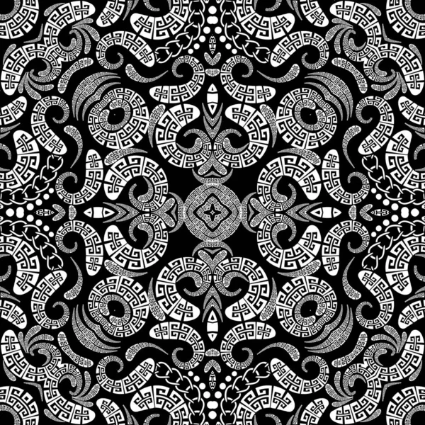 Griechischer Vektor Paisley nahtloses Muster. ornamental gemusterter ethnischer Hintergrund. Vintage Paisley Blumen, Punkte, geometrische Formen, Ketten. griechischer Schlüssel mäandert tribal schwarz und weiß florale Spitze Ornament — Stockvektor