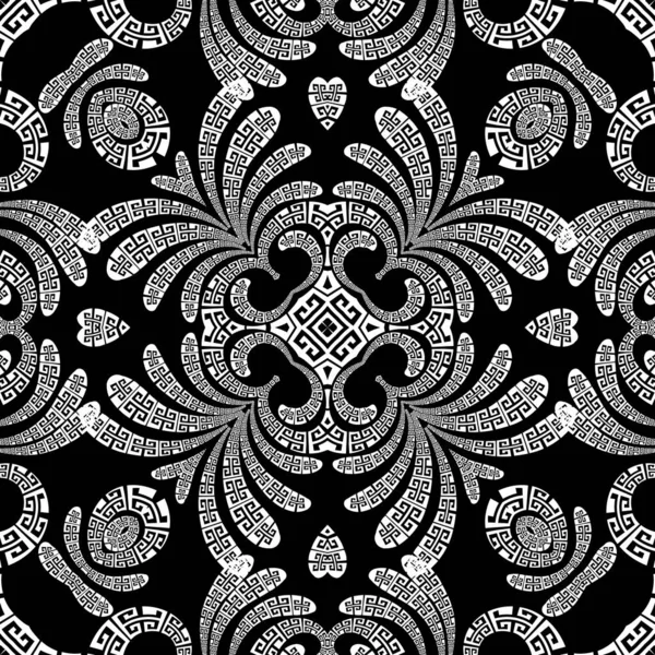 Διανυσματικό μοτίβο Paisley χωρίς ραφή. Διακοσμημένο ελληνικό φόντο. Vintage αφηρημένα λουλούδια, φύλλα, γεωμετρικά σχήματα, καρδιές αγάπης. Ελληνικό κλειδί μαιάνδρους μαύρο και άσπρο floral στολίδια — Διανυσματικό Αρχείο