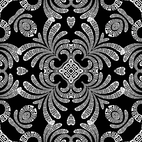 Padrão sem emenda vetorial Paisley. Ornamental fundo grego modelado. Vintage flores paisley abstratas, folhas, formas geométricas, corações de amor. chave grega meandros ornamentos florais preto e branco —  Vetores de Stock