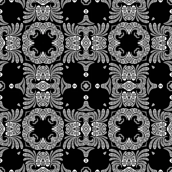 Kwiatowy elegancki wektor Paisley bezszwowy wzór. Ornamentalne greckie pochodzenie etniczne. Vintage abstrakcyjne kwiaty paisley, geometryczne kształty, krzywe. Grecki klucz meander koronki czarno-białe ozdoby — Wektor stockowy