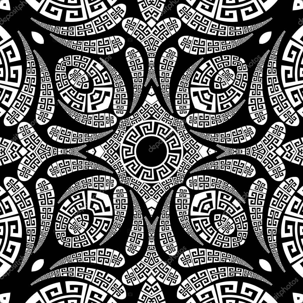 Floral Paisley vector seamless pattern. Ornamental greek ethnic style background. Vintage abstract paisley flowers, geometric shapes, circles, curves. Greek key meander lace black and white ornaments
