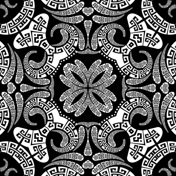 ギリシャのベクトルPaisleyシームレスパターン。装飾的なパターン化された民族的背景。ヴィンテージ抽象ペイズリー花、ドット、幾何学的な形状。ギリシャ語のキーは黒と白の花のレースの装飾を意味する — ストックベクタ