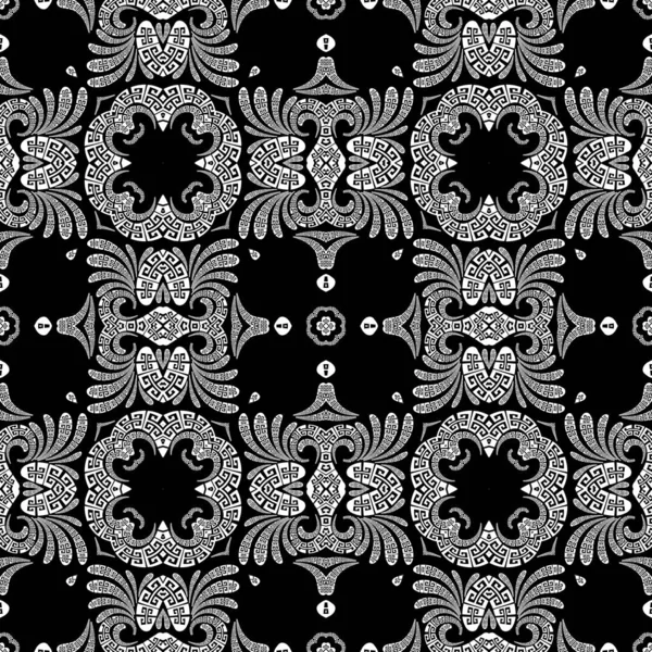 Floral elegante Paisley vetor sem costura padrão. Fundo de estilo étnico grego ornamental. Flores paisley abstratas vintage, formas geométricas, curvas. Grego chave meandro rendas preto e branco ornamentos —  Vetores de Stock