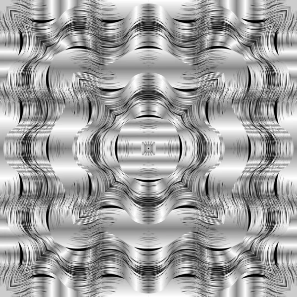Moderne texturierte Silber 3D-Vektor nahtlose Muster. ornamentale Oberfläche schwarz-weißer Grunge-Hintergrund. Seide wiederholt symmetrischen Hintergrund. dekorative kunstvolle Gestaltung. schöne gestreifte Wellenornamente — Stockvektor