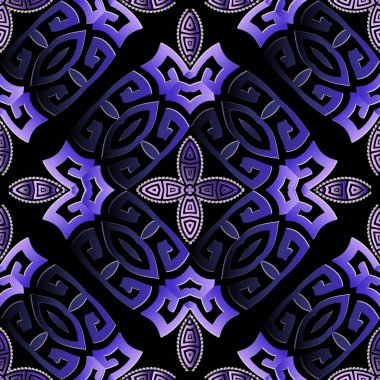 Mor mavi 3d süslemeli Yunanca vektör pürüzsüz desen. Modern soyut yüzey arkaplanı. Geometrik tekrarlanan çiçek arkaplanı. Yunan anahtarı çiçekler, mandalalar, şekiller. Sonsuz tasarımı süsle