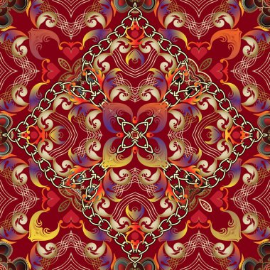 Rengarenk renkli çiçek desenli Damask taşıyıcısı. Barok tarzı süslemeli kırmızı arka plan. Zarif çiçekler, yapraklar, zincirler, aşk kalp süsleri. Dekoratif arkaplanı tekrarla