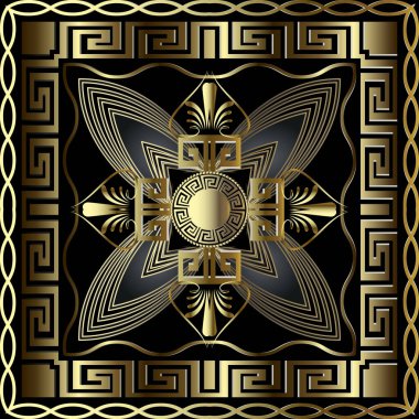 Yunan 3d altın vektörü kare çerçeveli, pürüzsüz desen. Kabile etnik tarzı çiçek geçmişi. Geometrik Yunan anahtarlarının süsü. Soyut süslü çiçekler, geometri şekilleri, klasik çerçeve. Mandala