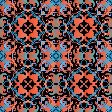 Barok Damask stili, Yunanlı vektör pürüzsüz desen. Çiçeklerin rengarenk bir geçmişi var. Klasik barok çiçekler, yapraklar. Geometrik Yunan anahtarı simetrik süslemeler. Süslemeli arabesk tasarımı