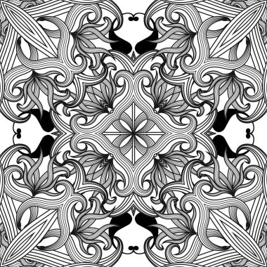 Çiçekli siyah-beyaz çizgili Paisley taşıyıcı kusursuz desen. Süslü bir zarafet çizimi. Dantelli simetrik desenli çiçek süsü. El çizimi dekoratif tekrarlama tasarımı.