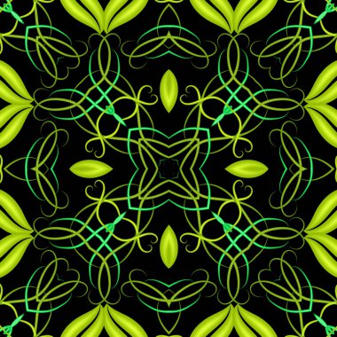 Klasik yeşil çiçekli vektör pürüzsüz desen. Süslü, renkli bir arka plan. Zarif çizgiler, sanat izleri, çiçekler, yapraklar, şekiller, çizgiler. Dekoratif tasarım. Güzel süsler.