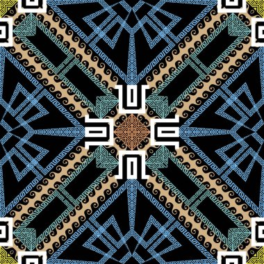 Zarif renkli Yunan geometrik, dikişsiz desen. Etnik kabile tarzı, soyut arkaplan süslemesi. Geometri arka planı tekrarlıyor. Yunan anahtar pervazları geometrik şekiller, sınırlar, çerçeveler ile süsleme