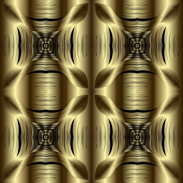 Blommig texturerat guld 3d vektor sömlös mönster. Prydnadsyta grunge bakgrund. Drapery upprepa symmetriska gyllene bakgrund. Dekorativa blommor design. Blommiga randiga 3D abstrakta prydnadsföremål — Stock vektor