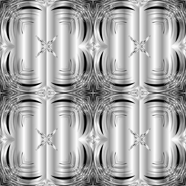 Blommig texturerat silver 3d vektor sömlös mönster. Prydnadsyta svart och vitt grunge bakgrund. Silke upprepa symmetrisk bakgrund. Dekorativa blommor design. Elegans randiga våg prydnader — Stock vektor