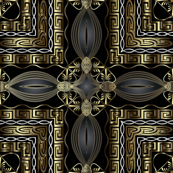 Greek floral 3d gold vector seamless pattern . Tribal ethnic style geometric background. Line art greek key meanders ornament. Vintage ornate flowers, geometry shapes, frames, squares, wave lines — Stock Vector