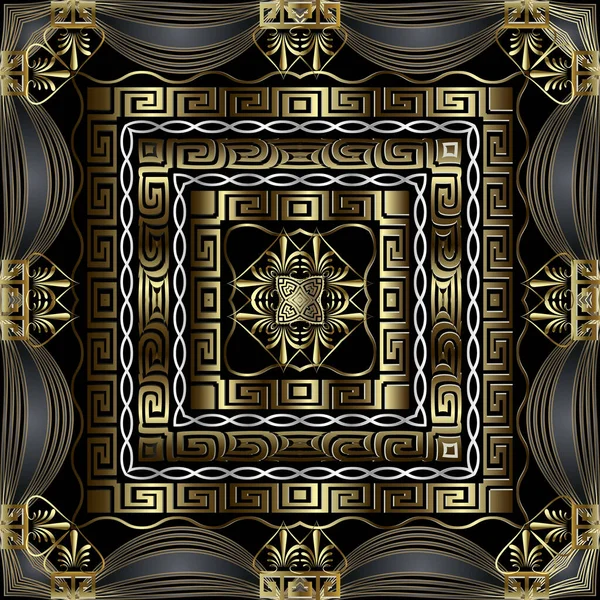Греческий 3d золотой вектор бесшовный узор с квадратными рамками. Племенной этнический стиль декоративного фона. Геометрический греческий ключ украшает меандры. Абстрактные декоративные цветы, геометрические формы, винтажная рамка — стоковый вектор