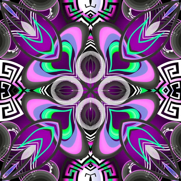 Färgglada grekiska stil moderna vektor sömlös mönster. Glödande violett prydnadsgeometrisk bakgrund. Blommig upprepa abstrakt bakgrund. Grunge symmetrisk prydnad med grekisk nyckel slingrar. — Stock vektor