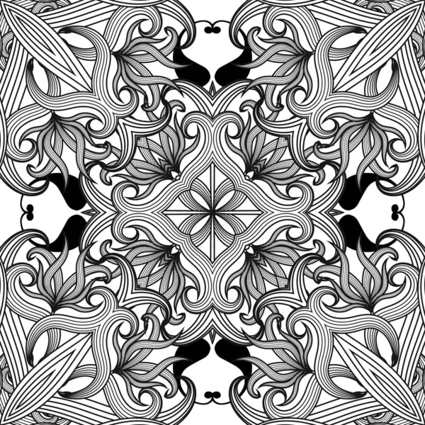 Blumen schwarz-weiße Linie Kunst Paisley Vektor nahtlose Muster. Zeichnung ornamentale Eleganz Backgraund. Spitze symmetrische Paisley-Blüten Ornament. von Hand gezeichnete dekorative Wiederholung. — Stockvektor