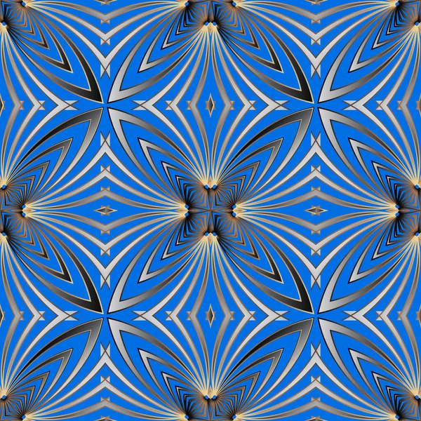 Abstrak geometris radial bunga vektor pola mulus. Latar belakang bunga fraktal permukaan. Latar belakang ornamental biru yang berulang. Rancangan hiasan. Tekstur tak berujung. Untuk kain, cetakan, kertas dinding, ubin - Stok Vektor