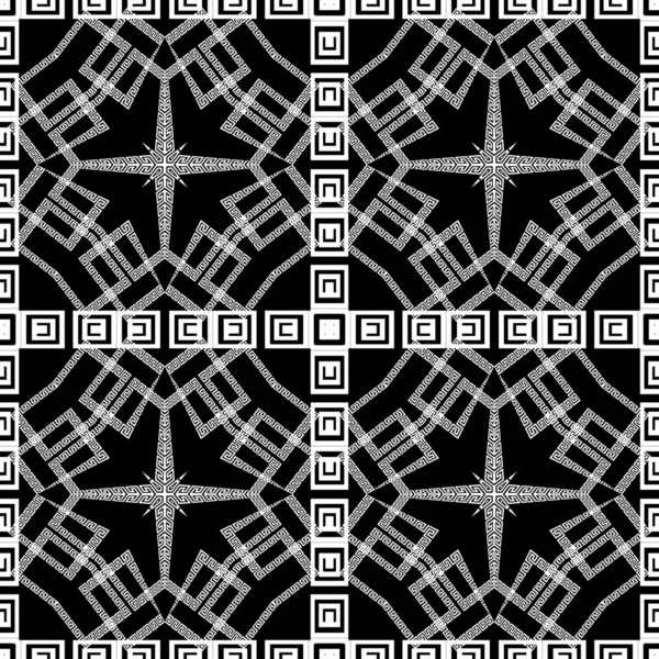 黑白希腊几何无缝图案. 部族风格的装饰抽象背景. 几何重复背景。 具有几何形状、边框、边框的装饰品 — 图库矢量图片