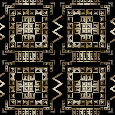 Geometrik Yunan vektörü 3d pürüzsüz desen. Süslü arka plan. Geometri kabile arkaplanını tekrarlıyor. Yunan anahtarı geometrik şekiller, kareler, zigzag, çerçeveler ile antik altın süsler