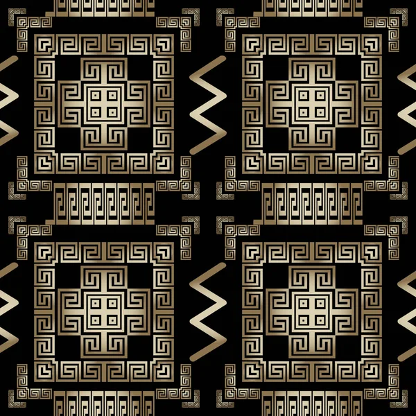 Geométrico grego vetor 3d sem costura padrão. Fundo ornamentado ornamental. Geometria repetir pano de fundo tribal. chave grega meandros ornamentos antigos de ouro com formas geométricas, quadrados, ziguezague, quadros — Vetor de Stock