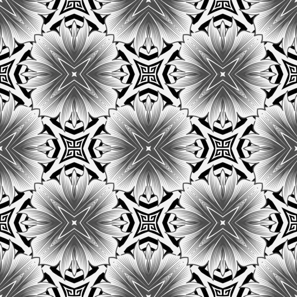 Elegancki czarno-biały grecki styl kwiatowy bezszwowy wzór. Wektorowe ozdobne monochromatyczne tło. Piękne geometryczne tło powtarzania. Eleganckie kwiaty z ornate grecki klucz meandry ozdoba — Wektor stockowy