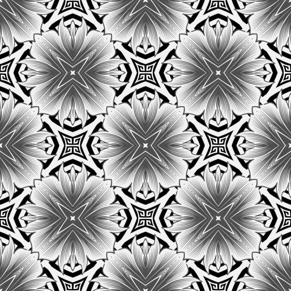 Élégant motif floral sans couture de style grec noir et blanc. Fond monochrome décoratif vectoriel. Belle toile de fond géométrique de répétition. Fleurs élégantes avec ornement clé grec orné méandres — Image vectorielle