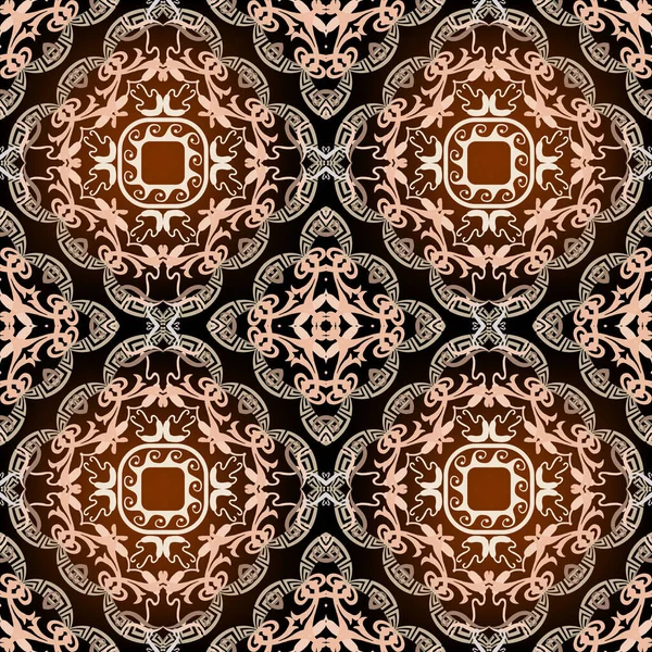 Estilo étnico colorido patrón geométrico sin costuras. Fondo de vector ornamental tribal griego. Fondo árabe repetido abstracto. Floral griego clave meandros ornamento vintage con formas, flores de Damasco — Vector de stock