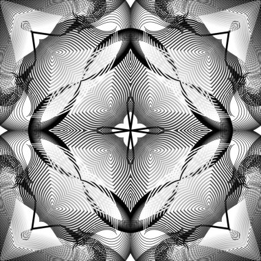 Siyah ve beyaz çizgiler kusursuz desen. Soyut şekiller ve fraktallar vektör arka planı. Monokrom modern tekrar arkaplanı. Şablon. Moda geometrik süs. Dekoratif desenli tasarım