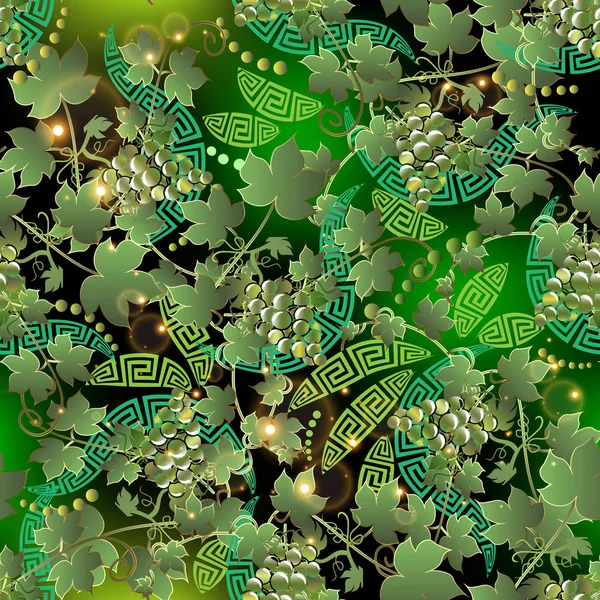 Grüne Oberfläche Trauben Vektor nahtlose Muster. glühender blumiger griechischer Hintergrund. Glänzende Wiederholung Blatt Hintergrund. verzieren schöne moderne Ornamente mit Traubenzweigen, Blättern, Früchten. griechischer Schlüssel schlängelt sich — Stockvektor