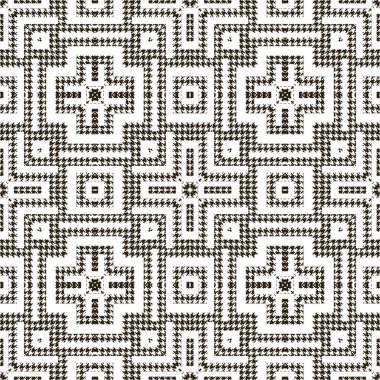 Kalıplı siyah beyaz tazı dişsiz desen. Vektör süsleme arka planı. Modern tazılar diş süsleri. Haçlı, kareli, çizgili, şekilli geometrik tasarım. Dekoratif dokuyu tekrarla