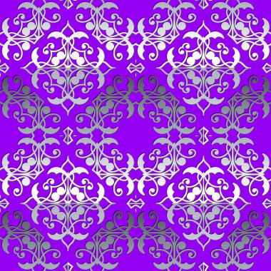 Vektör vinsk, kusursuz desen. Violet süslemeli arabesk geçmişi. Zarif etnik yineleme arka planı. Şekilleri, çiçekleri, yaprakları ve çizgileri olan gümüş bir çiçek süsü. Arapça biçim dekoratif tasarım