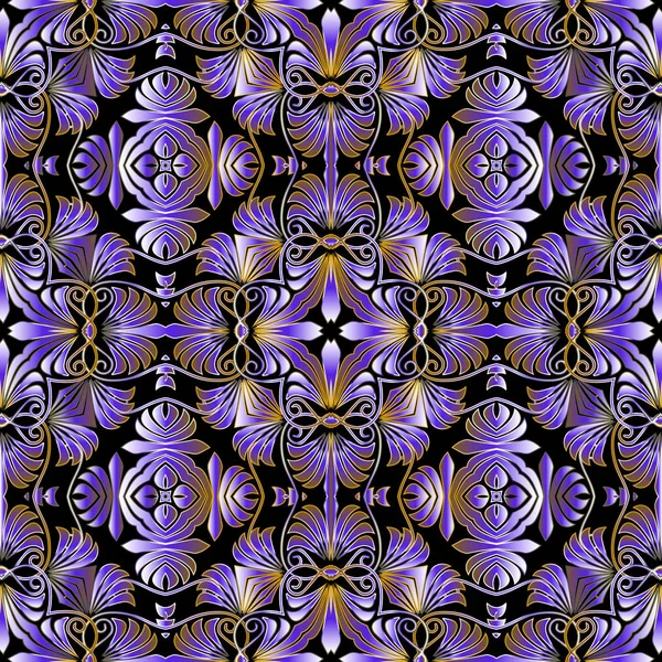 Estilo floral grego padrão de superfície vetor sem costura. Fundo de florescimento ornamental. Antiga repetição decorativa pano de fundo. Flores violetas vintage, folhas, linhas, curvas, formas. Projeto ornamentado bonito —  Vetores de Stock