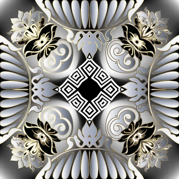 Geometric floral greek vector seamless pattern. Abstract ornamental glowing background. Vintage flowers, leaves, geometry shapes, rhombus, frames. Greek key meanders ornament. Modern repeat design — Stock Vector