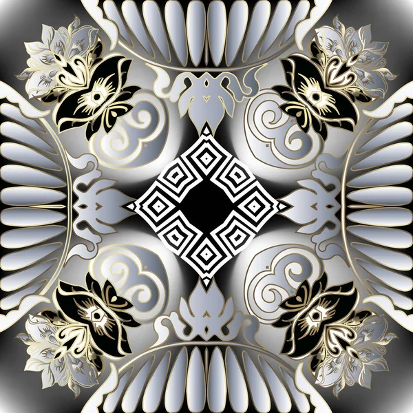 Geometrisches florales griechisches Vektormuster. abstrakte ornamentale leuchtende Hintergrund. Jahrgangsblumen, Blätter, geometrische Formen, Rauten, Rahmen. griechischer Schlüssel mäandert Ornament. modernes Wiederholungsdesign — Stockvektor