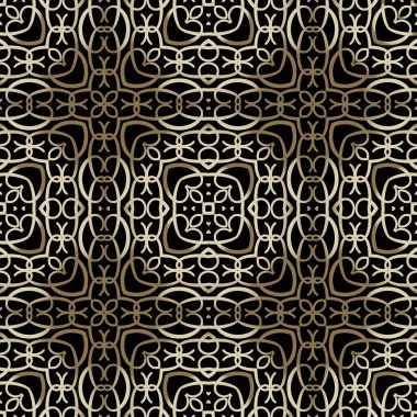 Siyah ve altın taşıyıcı, kusursuz model. Çizgisel sanat süsleme arkaplanı. Zarif etnik yineleme arka planı. Çiçek desenleri şekillerle süslenir, aşk kalpleri. Arapça biçim dekoratif tasarım