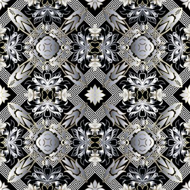 Geometrik çiçekli Yunanca vektör dikişsiz desen. Soyut modern süs arka planı. Klasik çiçekler, yapraklar, geometri şekilleri, eşkenar dörtgen, çerçeveler. Yunan anahtarlarının süsü. Modern tekrarlama tasarımı