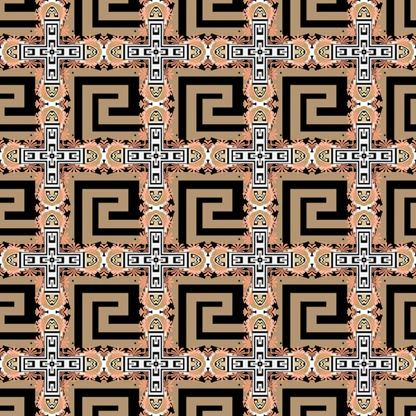 Abstrato estilo étnico colorido vetor padrão sem costura. Fundo checkered tribal grego. Fundo de repetição geométrica. Floral grego chave meandros ornamentos geométricos com formas de geometria, flores —  Vetores de Stock