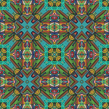 Soyut renkli, karmaşık vektör pürüzsüz desen. Süslü geometrik Yunan etnik geçmişi. Parlak kabile arkaplanı. Yunan anahtarlı entrika süsleri, soyut şekiller, çerçeveler